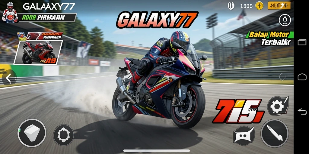 Screenshot gameplay GALAXY77 yang menegangkan dalam balapan motor.
