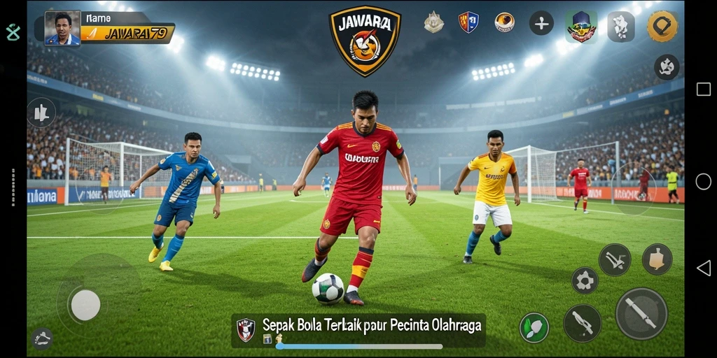 Gameplay seru JAWARA79 dengan pertandingan sepak bola yang mendebarkan.