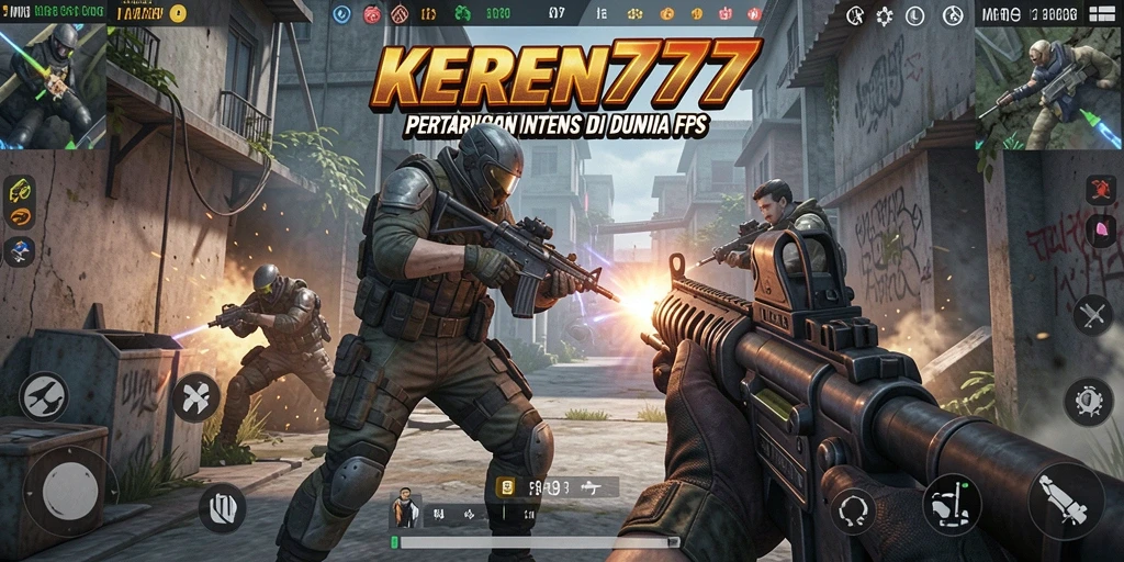 Tampilan gameplay mendebarkan dalam KEREN777 FPS.