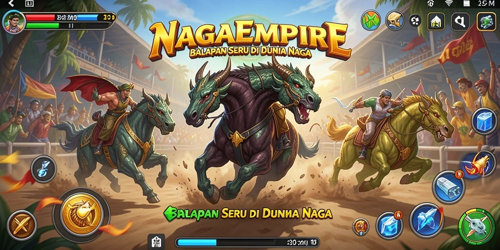 Tampilan gameplay balapan seru di NAGAEMPIRE dengan naga yang beraksi.