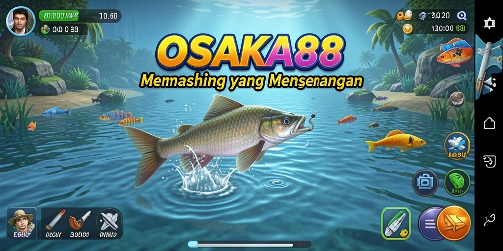 Screenshot OSAKA88 menampilkan pemain menangkap ikan di laut yang cerah.