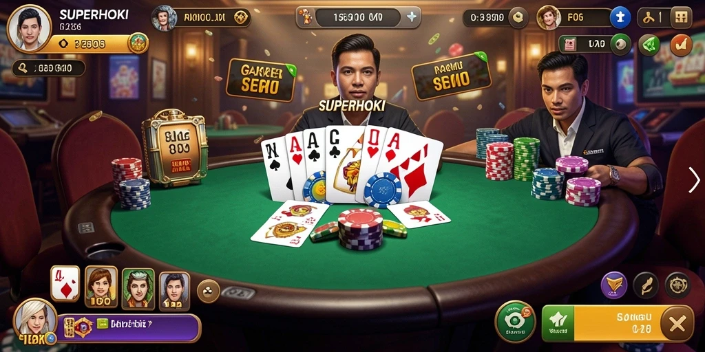 Screenshot gameplay SUPERHOKI menunjukkan pengalaman Poker yang mendebarkan.