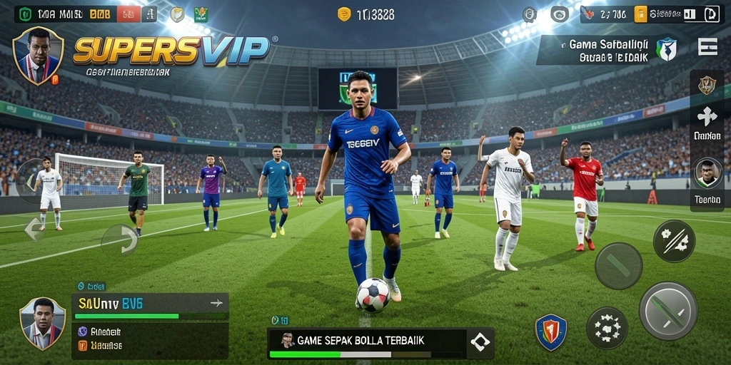 Tangkapan layar permainan SUPERSVIP menampilkan aksi sepak bola yang mendebarkan.