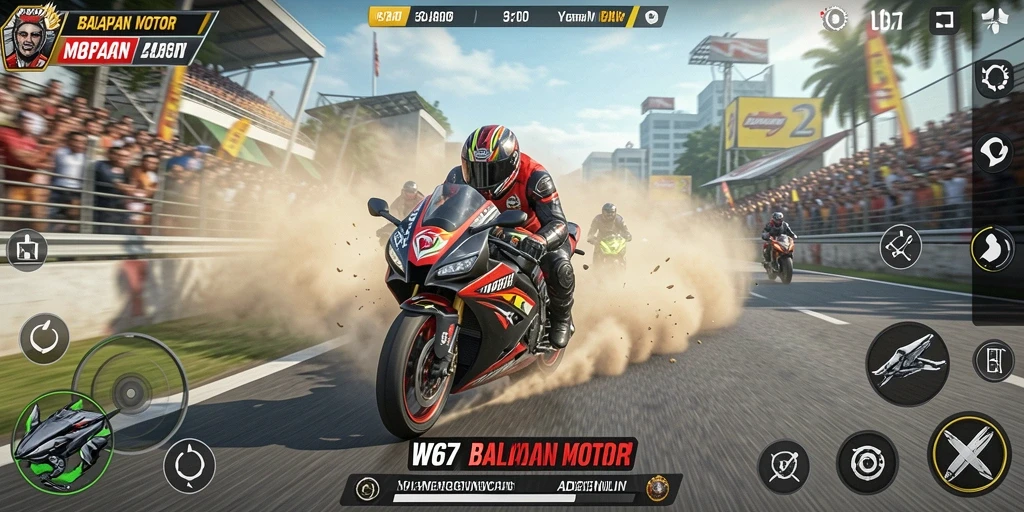 Tampilan gameplay seru di W67 dengan motor balap yang memukau.